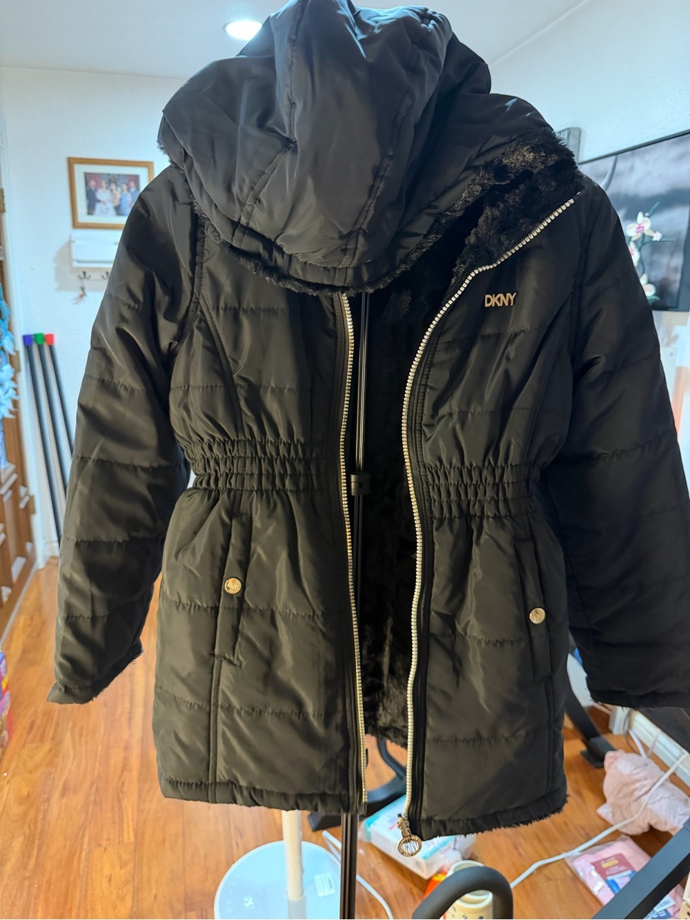 DKNY Black Girls' Hooded Puffer Coat with Faux Fur Trim